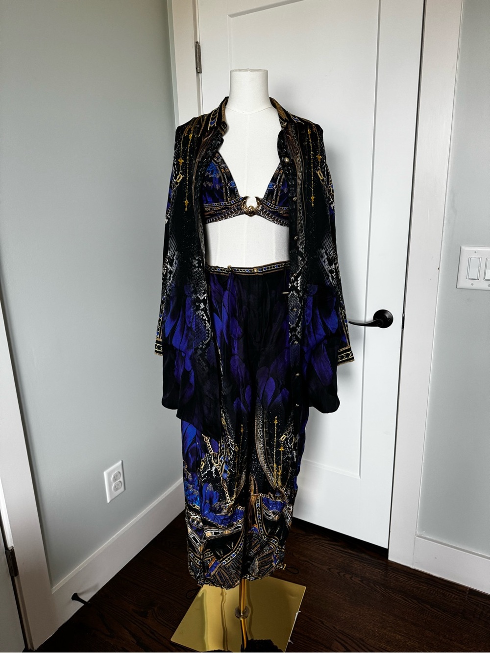 Camila Three-Piece Printed Set in Black and Deep Blue
